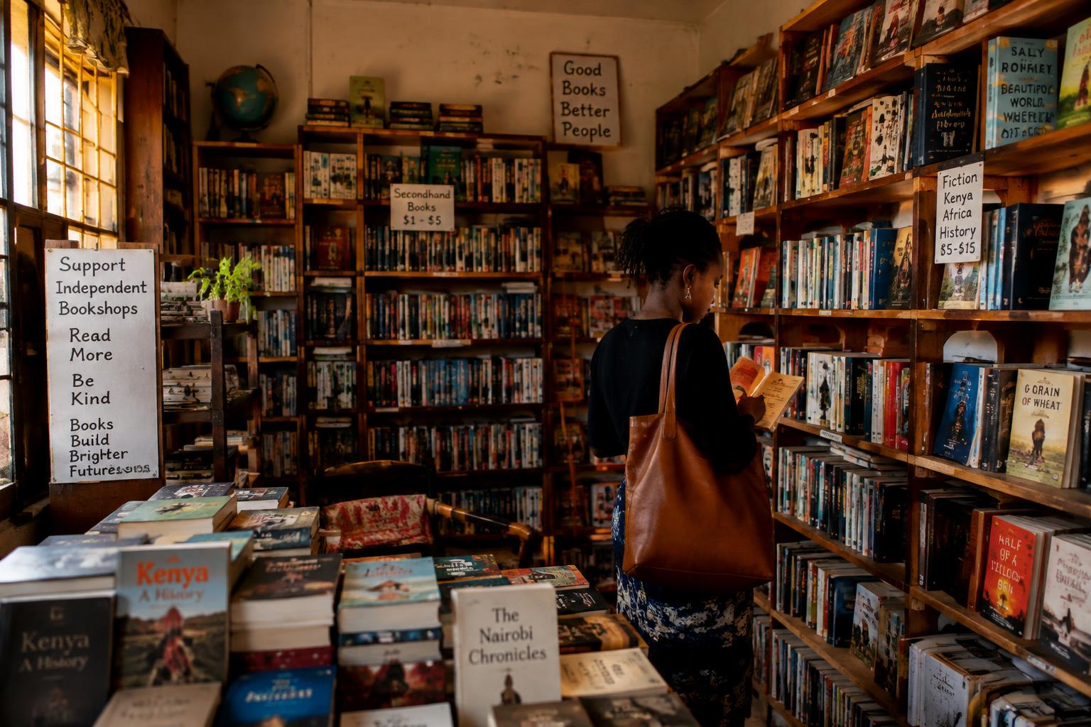 Inside a small bookshop with wooden shelves full of books
