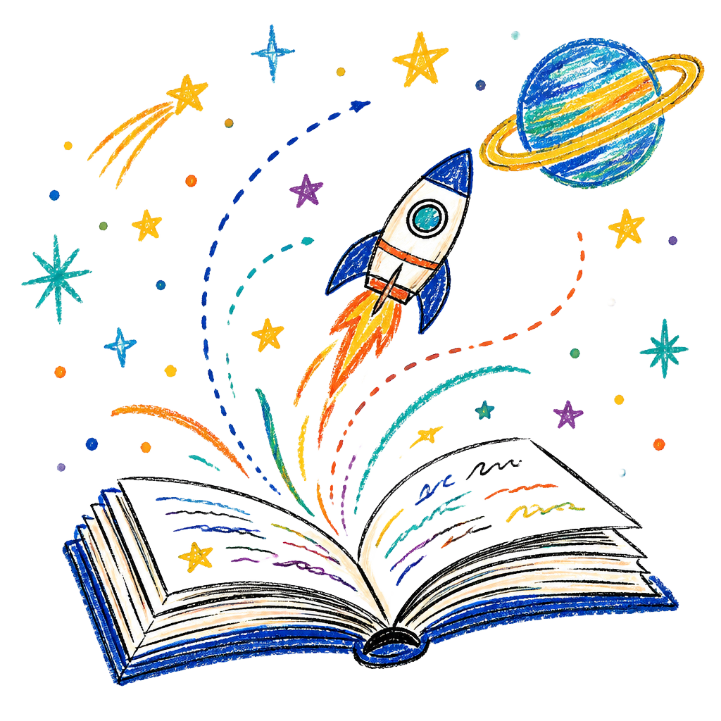 Hand-drawn open book with a rocket, planet and stars flying out of it